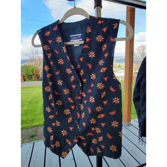 Pendleton Navy Blue Vest Geometric Shapes Button Up Tie Back Size 8 - Picture 2 of 6